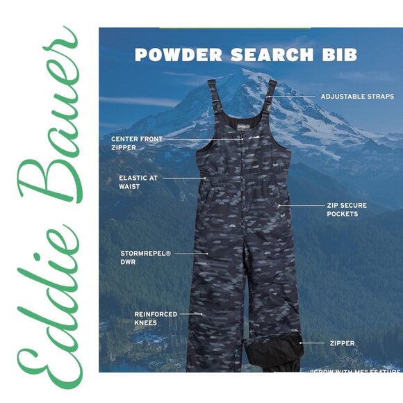 EDDIE BAUER POWDER SEARCH SKI BIB GRAY GEOMETRIC WINTER INSULATED, YOUTH MEDIUM - Picture 2 of 16